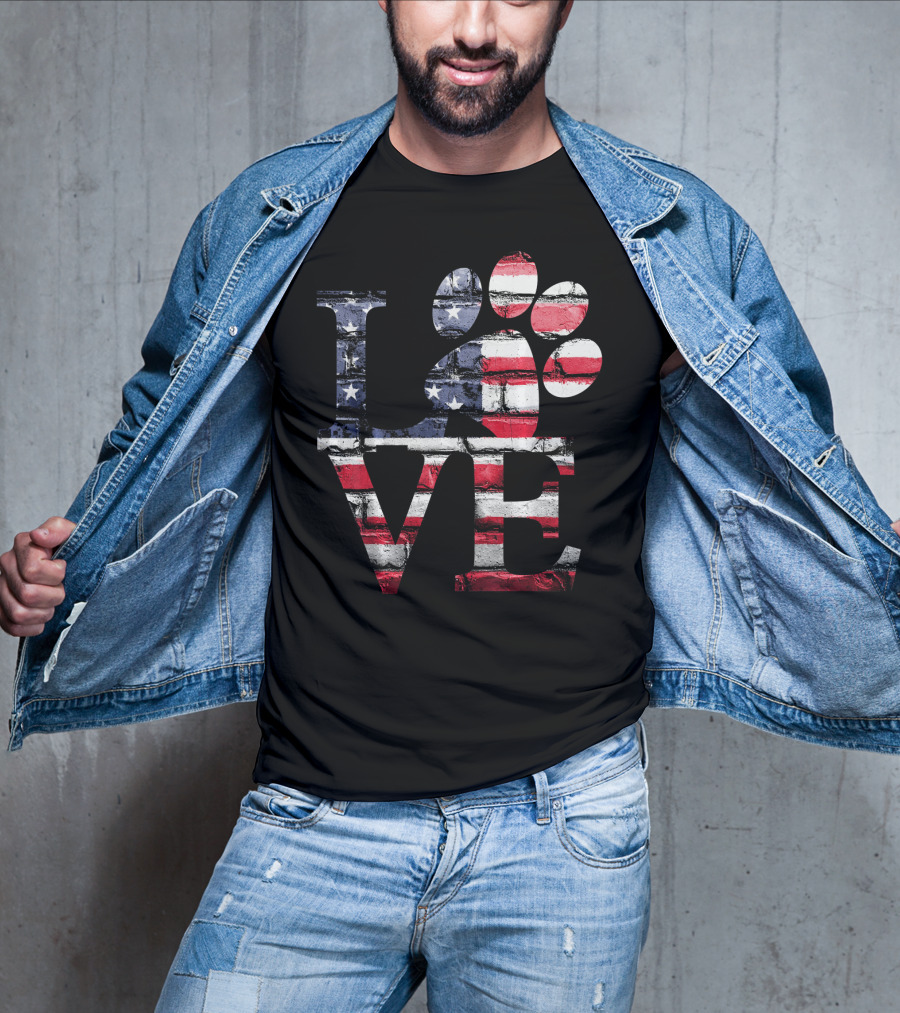 Patriotic Love USA Flag Style With Dog Paw T-Shirt