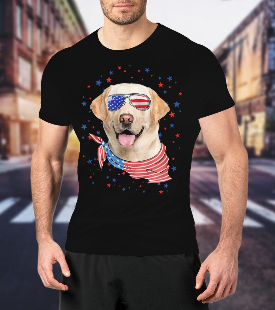 American Flag Labrador With Patriotic Sunglasses And Scarf Surrounded By Stars T-Shirt