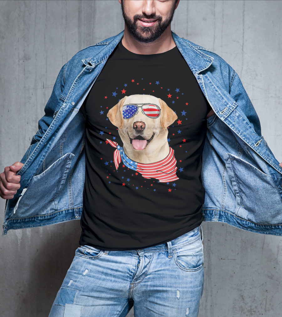 American Flag Labrador With Patriotic Sunglasses And Scarf Surrounded By Stars T-Shirt