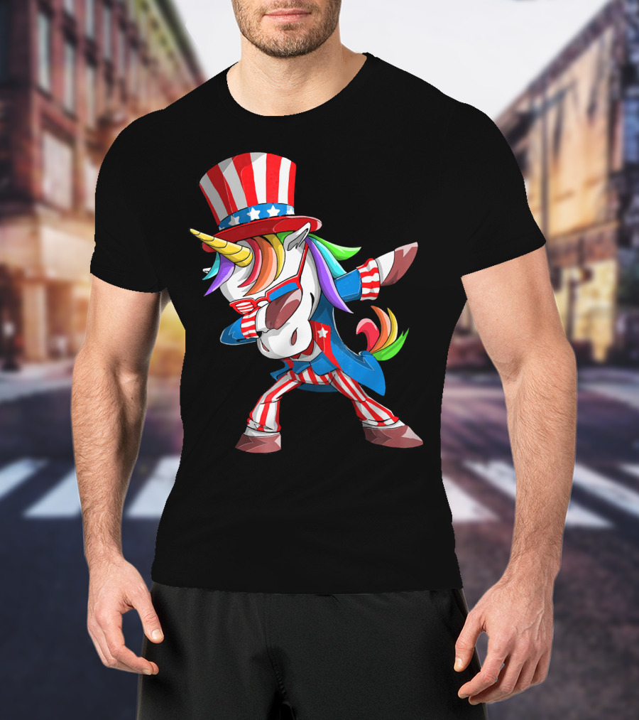 Unicorn Dabbing Uncle Sam Patriotic Rainbow T-Shirt