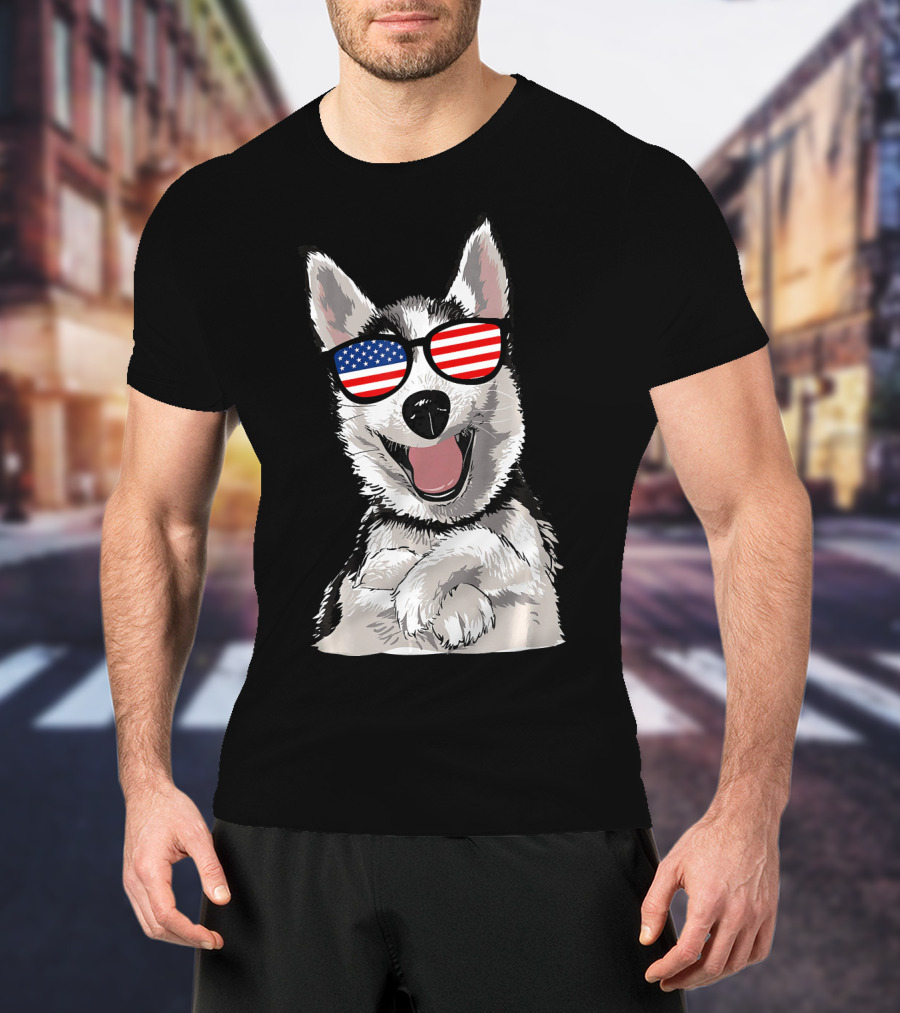Patriotic Dog Husky With American Flag Sunglasses T-Shirt