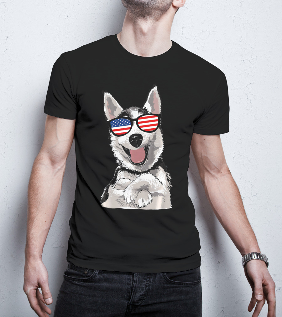 Patriotic Dog Husky With American Flag Sunglasses T-Shirt