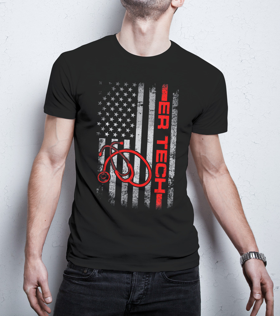 American Flag ER Tech Patriotic Stethoscope Nurse T-Shirt
