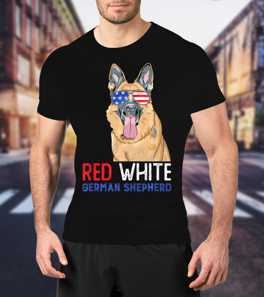 Red White German Shepherd USA Sunglasses Stars Stripes T-Shirt