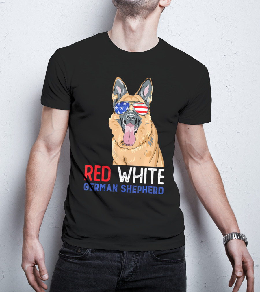 Red White German Shepherd USA Sunglasses Stars Stripes T-Shirt