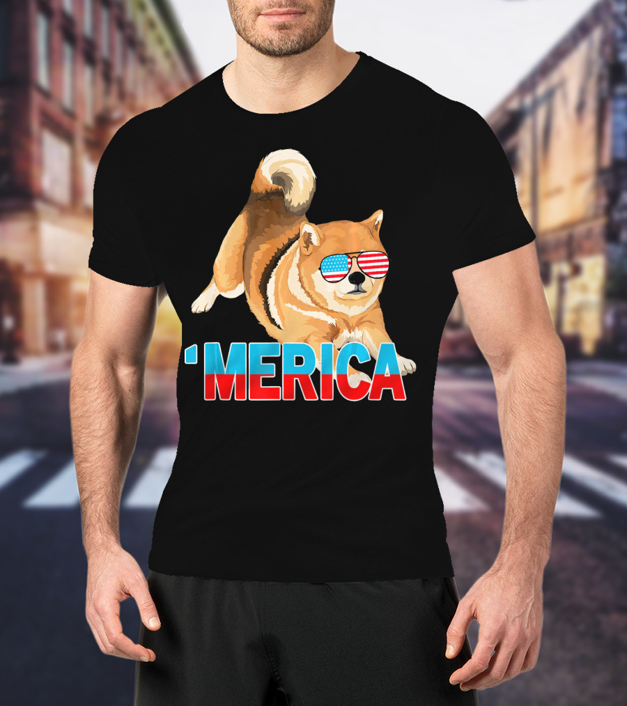 Merica Shiba Inu With American Flag Sunglasses T-Shirt