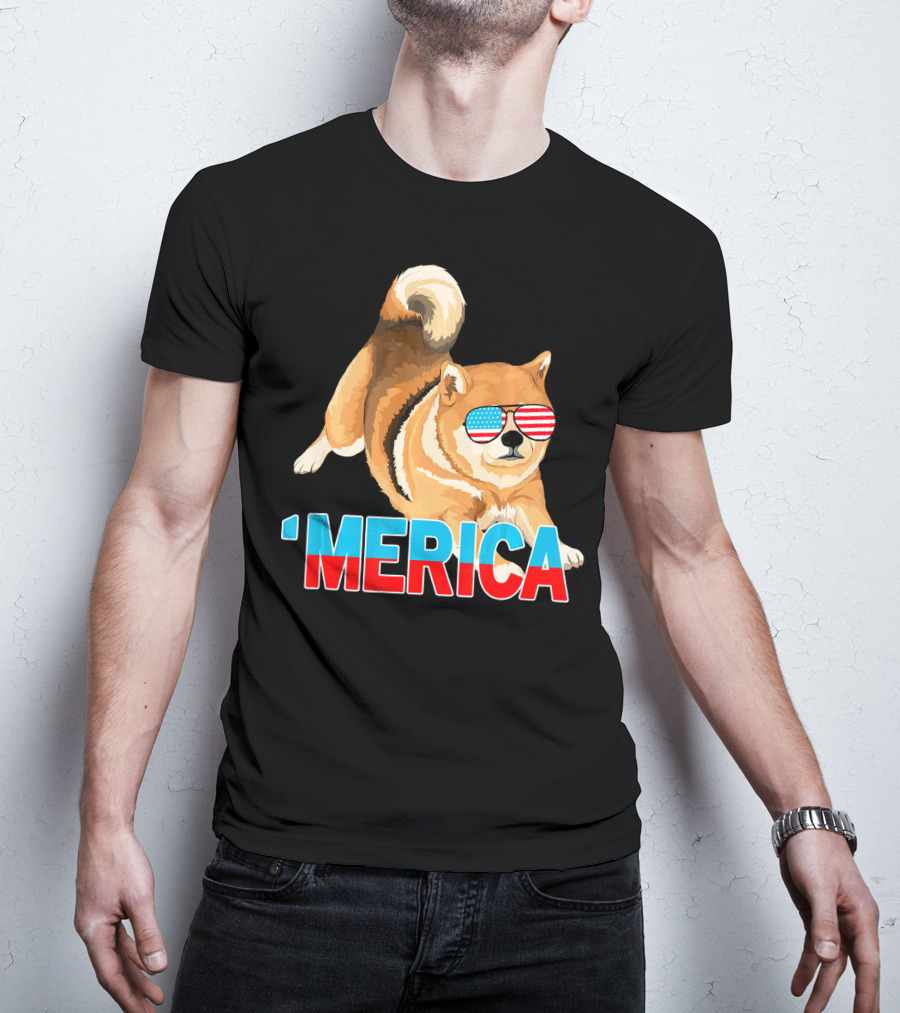 Merica Shiba Inu With American Flag Sunglasses T-Shirt