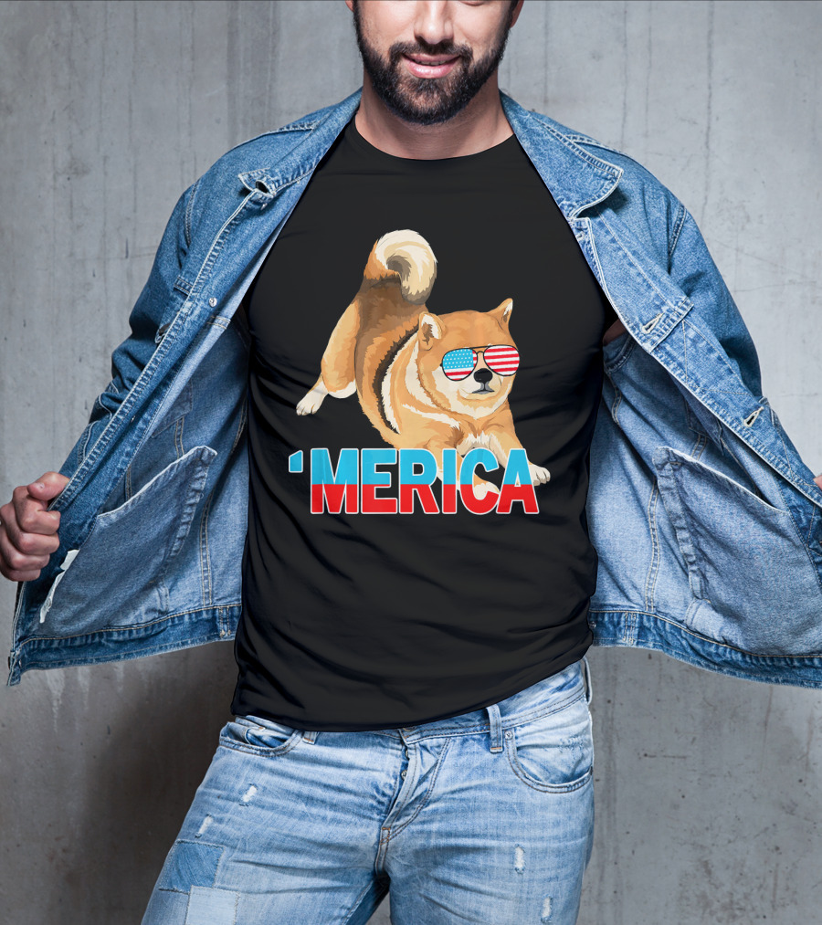 Merica Shiba Inu With American Flag Sunglasses T-Shirt