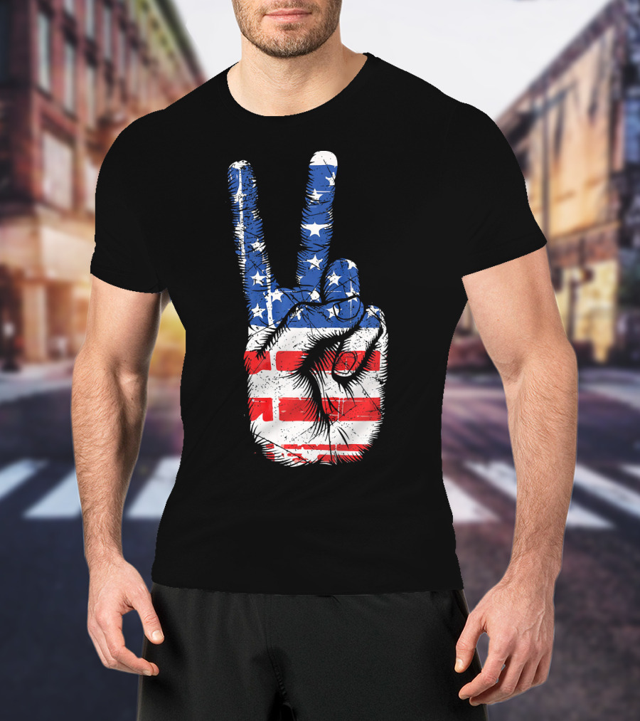 American Flag Peace Sign Hand Gesture T-Shirt