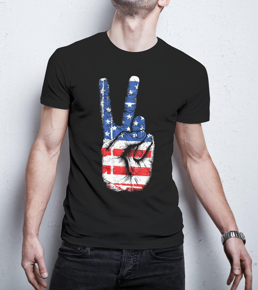 American Flag Peace Sign Hand Gesture T-Shirt