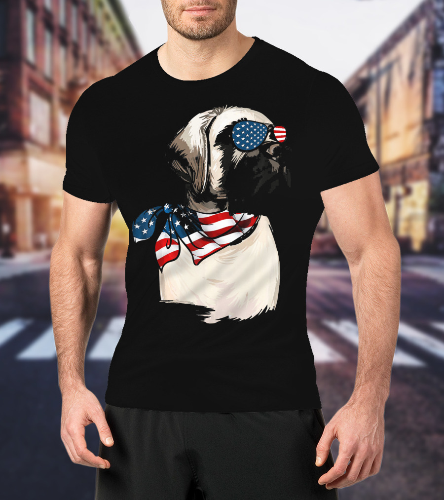 American Flag English Mastiff With Patriotic Stars And Stripes Sunglasses And Scarf T-Shirt