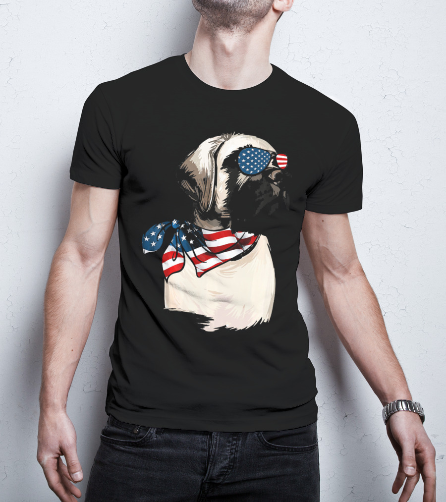 American Flag English Mastiff With Patriotic Stars And Stripes Sunglasses And Scarf T-Shirt
