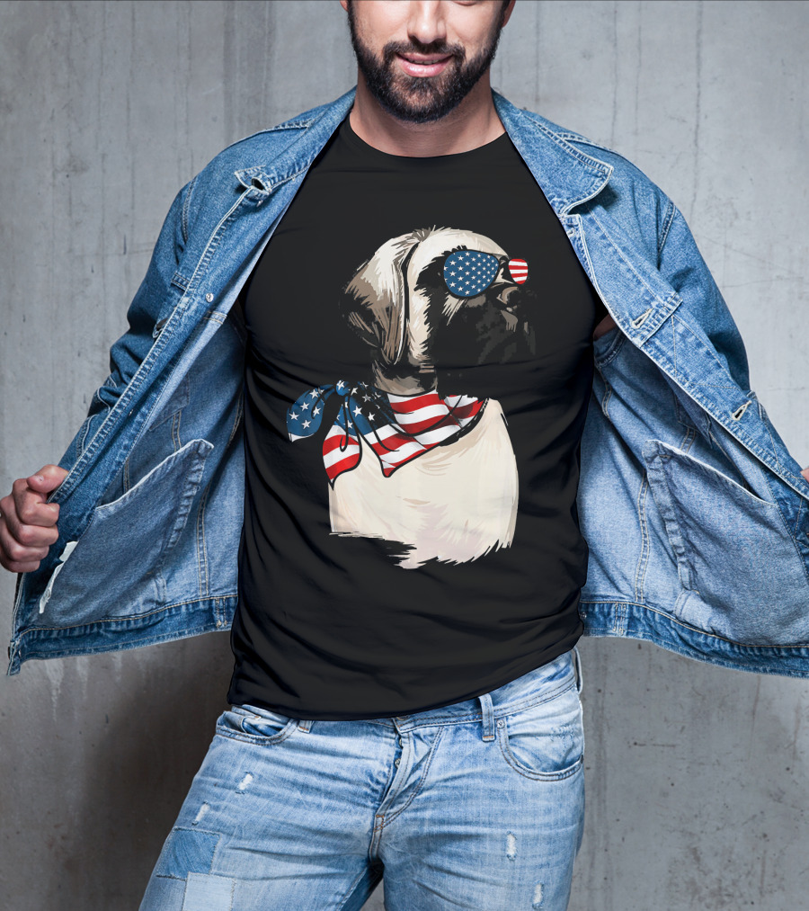 American Flag English Mastiff With Patriotic Stars And Stripes Sunglasses And Scarf T-Shirt