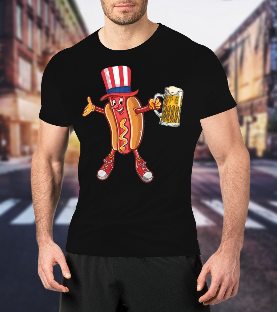 Funny Hot Dog Wearing US Flag Hat Holding Beer Mug T-Shirt