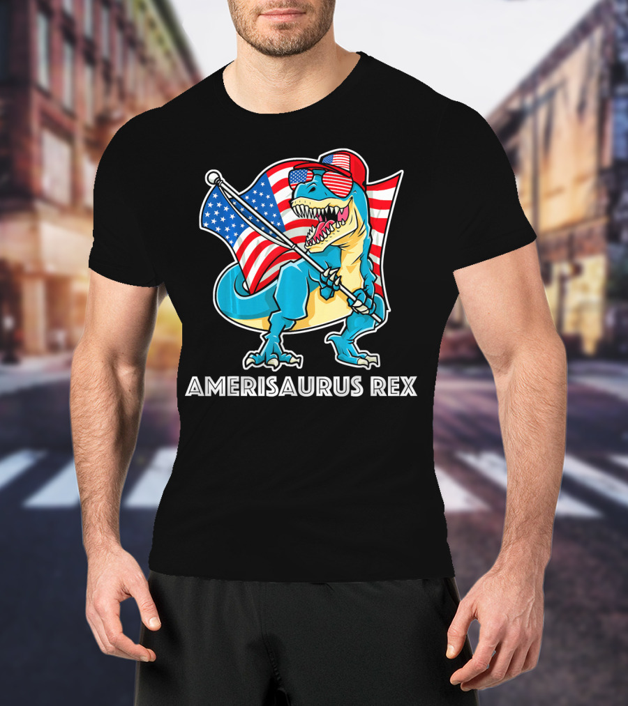 Amerisaurus Rex Patriotic Dinosaur With American Flag And Sunglasses T-Shirt