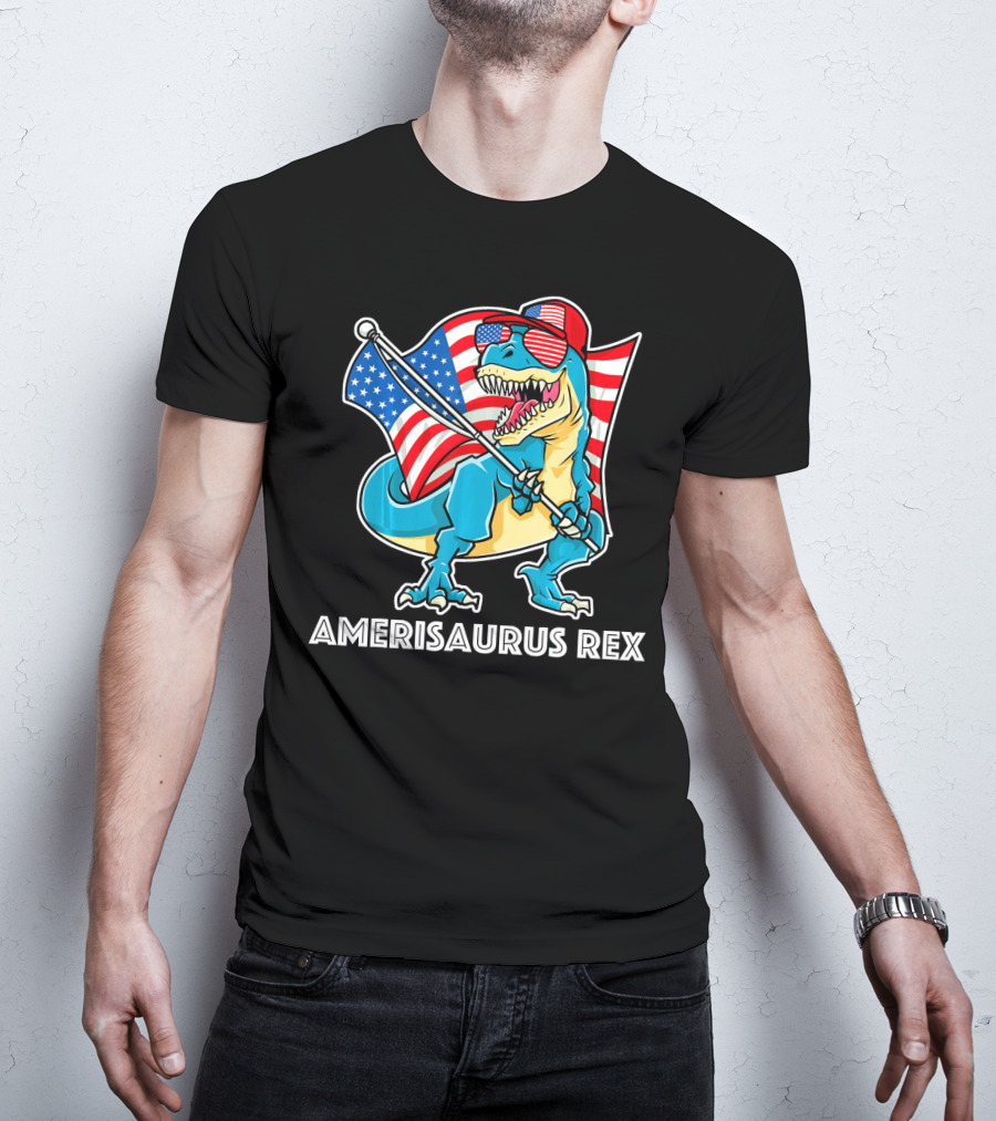 Amerisaurus Rex Patriotic Dinosaur With American Flag And Sunglasses T-Shirt