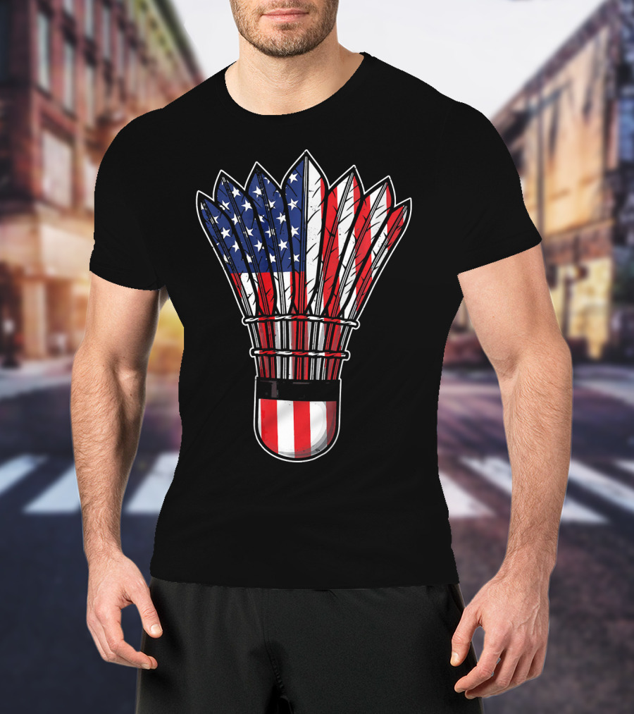 Funny Badminton Shuttlecock American Flag Patriot Player Love T-Shirt