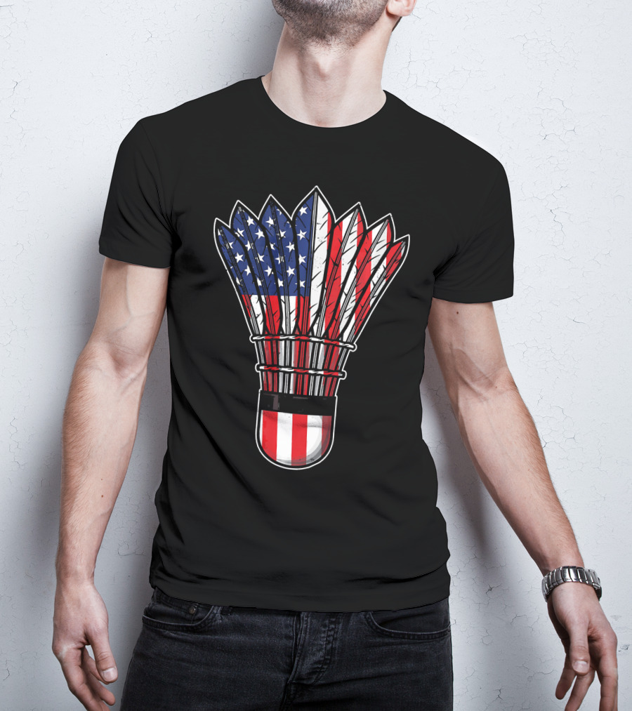 Funny Badminton Shuttlecock American Flag Patriot Player Love T-Shirt