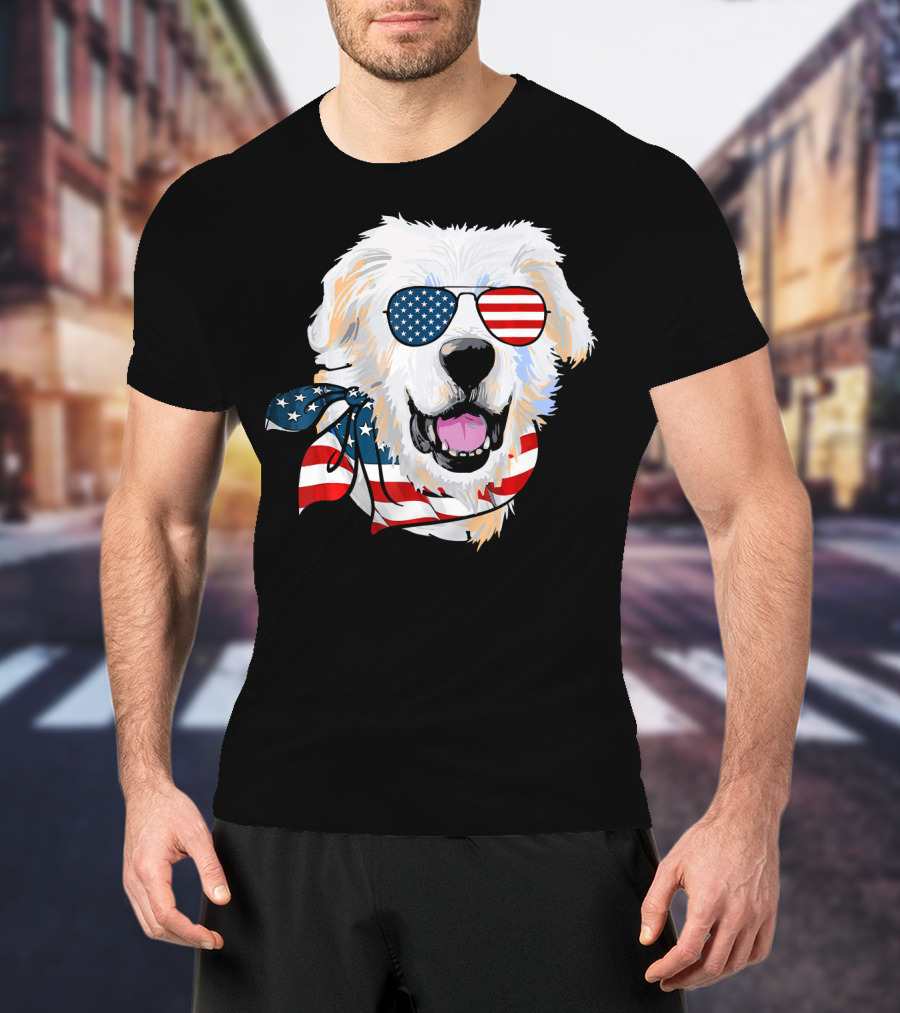 American Flag Great Pyrenees Dog With Patriotic Sunglasses And Bandana T-Shirt