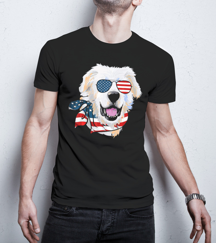 American Flag Great Pyrenees Dog With Patriotic Sunglasses And Bandana T-Shirt