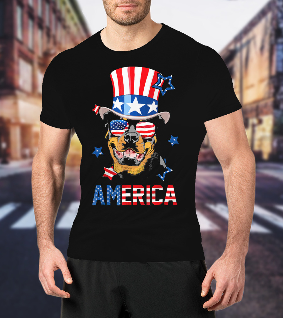 America Rottweiler Wearing Patriotic Top Hat And Sunglasses T-Shirt