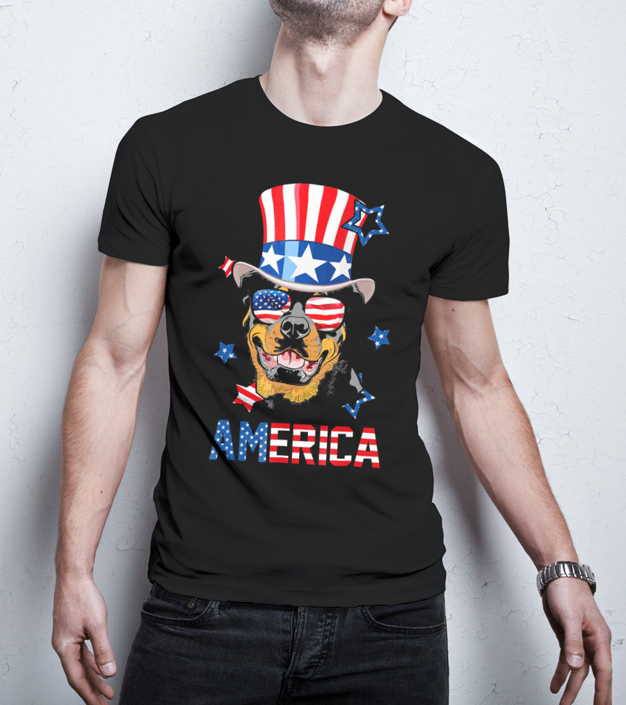 America Rottweiler Wearing Patriotic Top Hat And Sunglasses T-Shirt