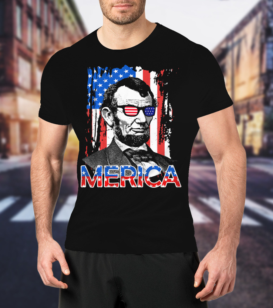 Merica American Flag Abe Lincoln With Sunglasses T-Shirt