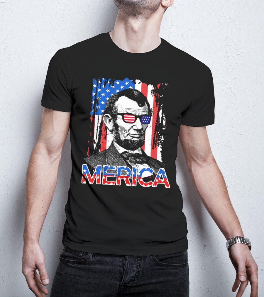 Merica American Flag Abe Lincoln With Sunglasses T-Shirt