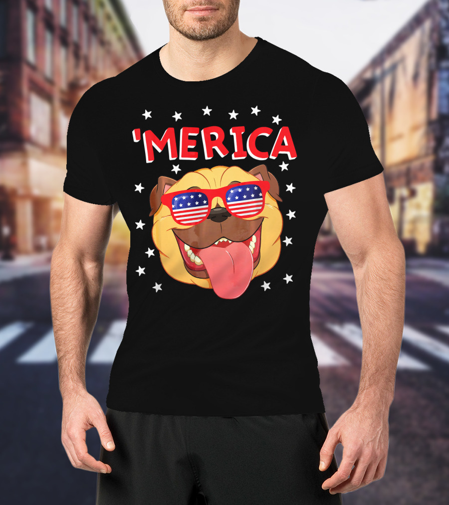 'Merica Pug Wearing American Flag Sunglasses With Stars T-Shirt