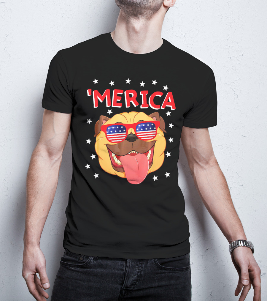 'Merica Pug Wearing American Flag Sunglasses With Stars T-Shirt