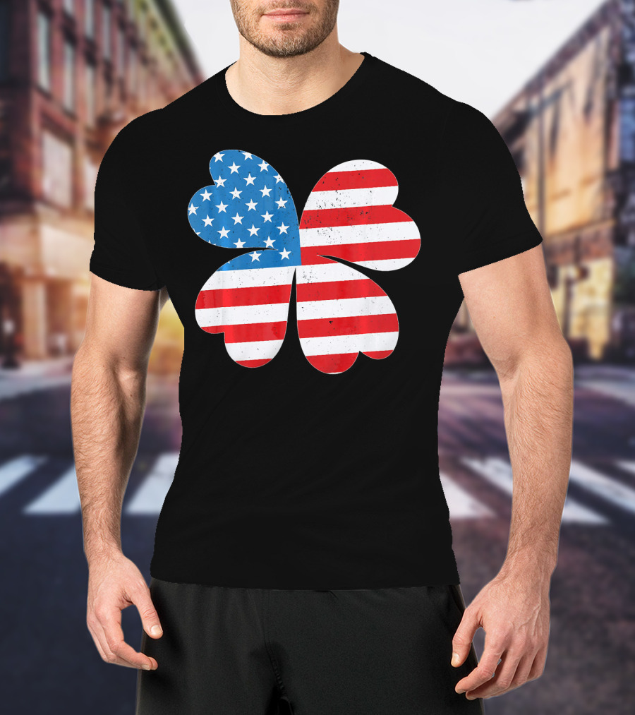 Independence Day American Flag 4 Leaf Clover Shamrock T-Shirt