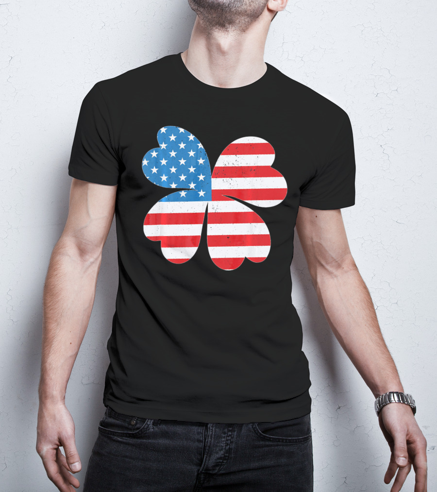 Independence Day American Flag 4 Leaf Clover Shamrock T-Shirt