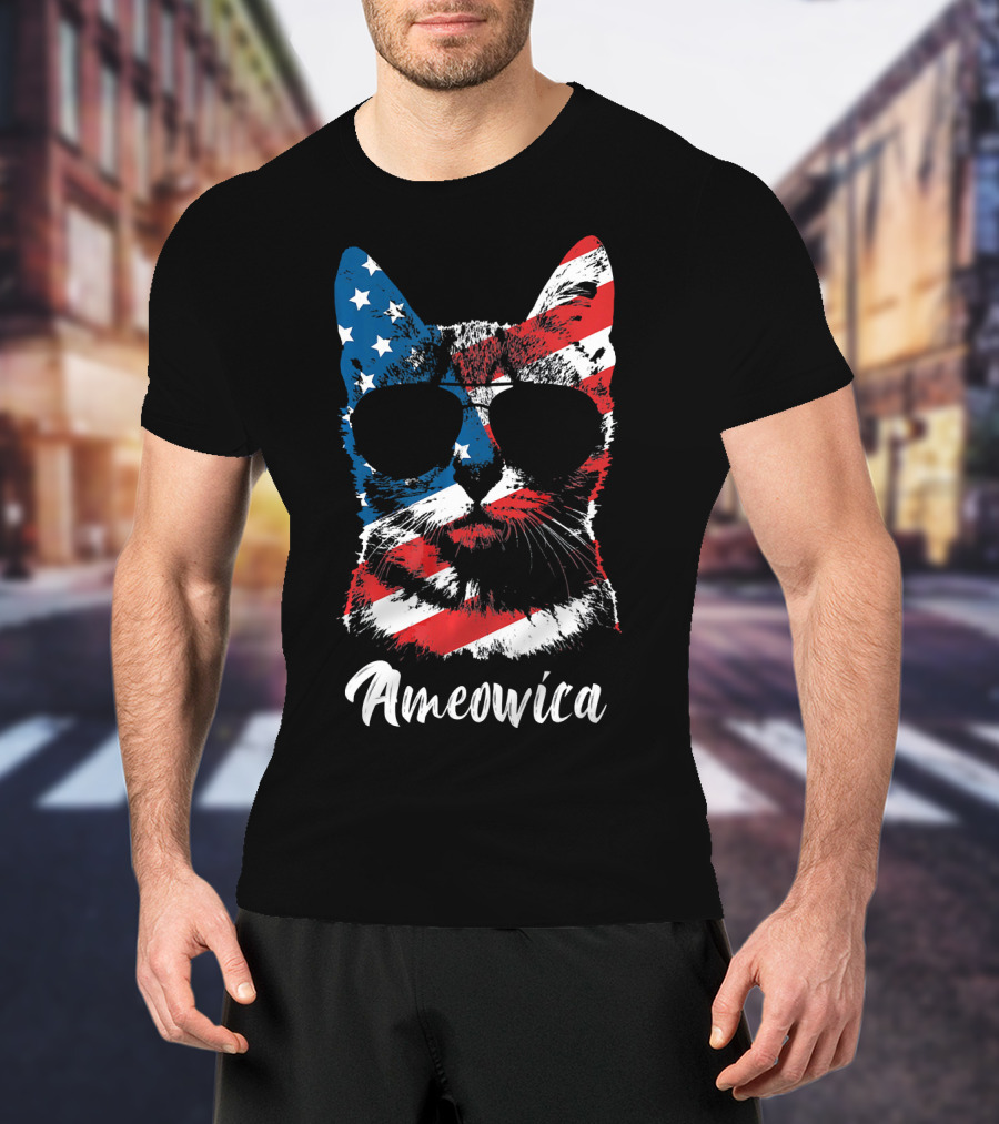 Ameowica Funny Cat Lover Patriotic Stars And Stripes Sunglasses T-Shirt