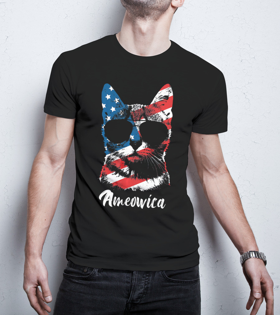 Ameowica Funny Cat Lover Patriotic Stars And Stripes Sunglasses T-Shirt