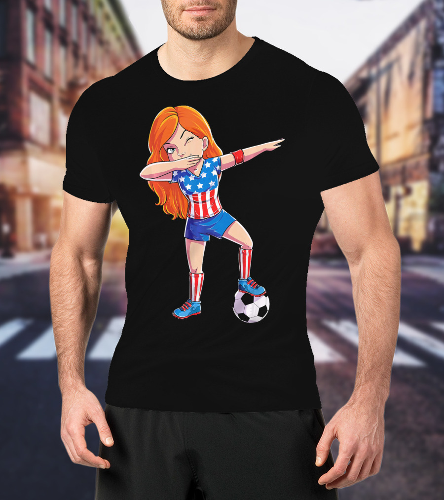 Dabbing Soccer Girl USA Flag Stars And Stripes Jersey T-Shirt