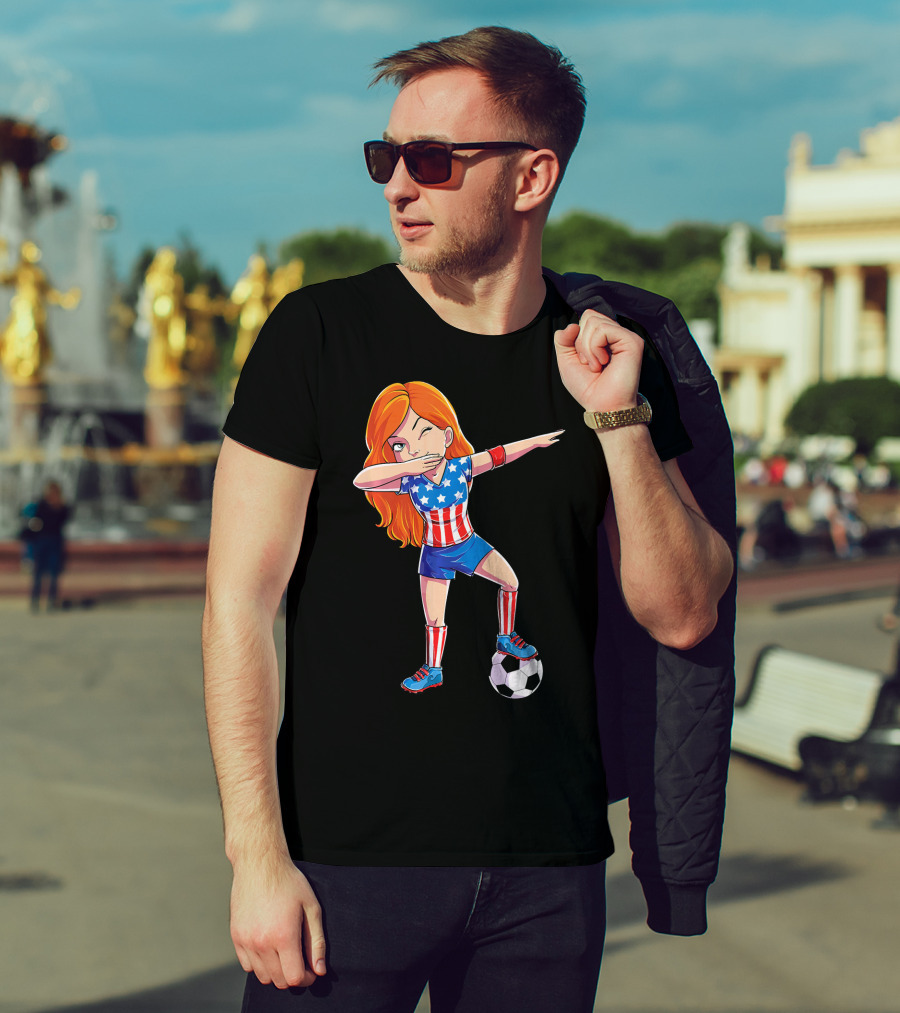 Dabbing Soccer Girl USA Flag Stars And Stripes Jersey T-Shirt