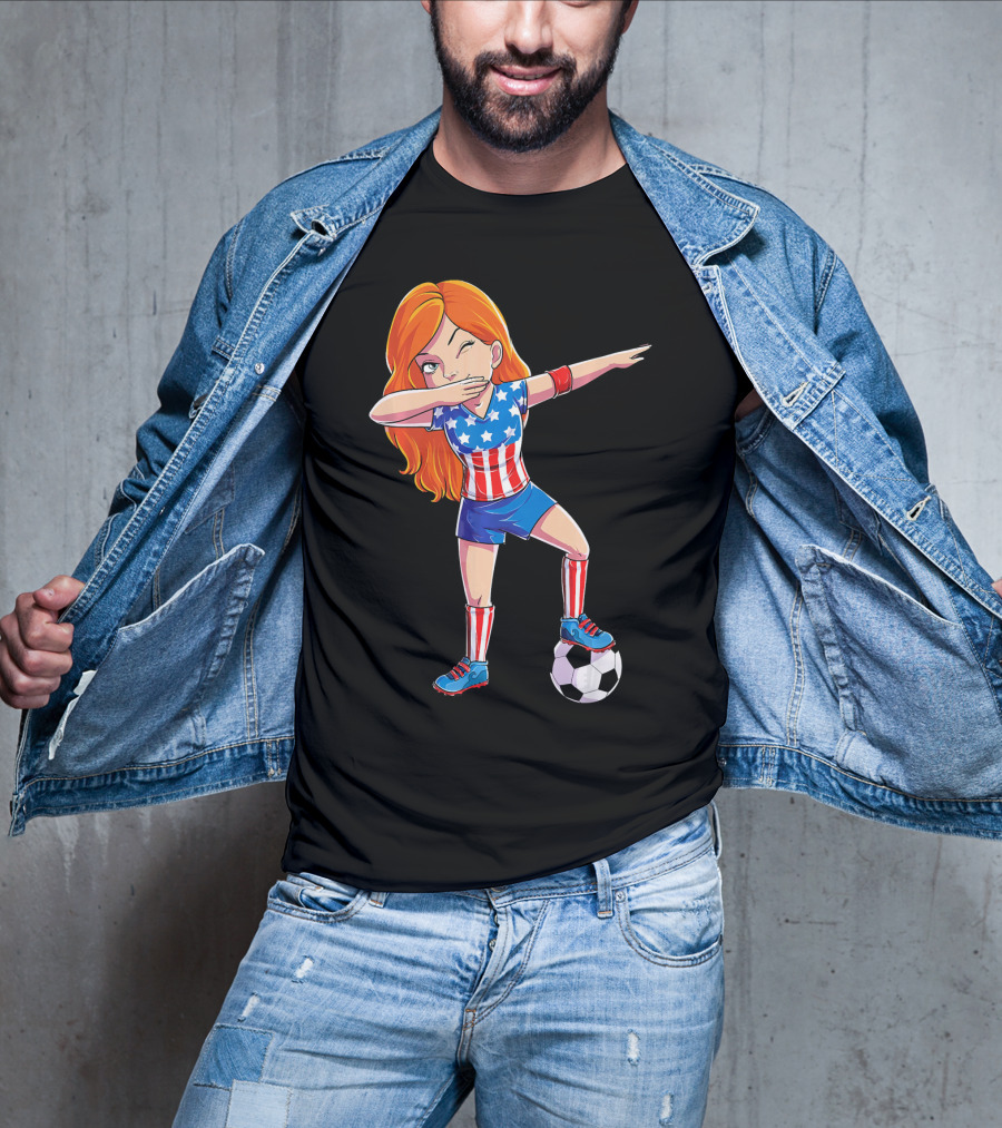 Dabbing Soccer Girl USA Flag Stars And Stripes Jersey T-Shirt