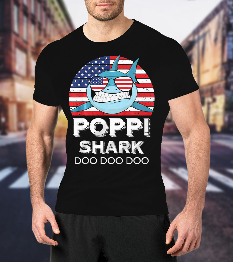 Poppi Shark Doo Doo Doo American Flag Sunglasses T-Shirt