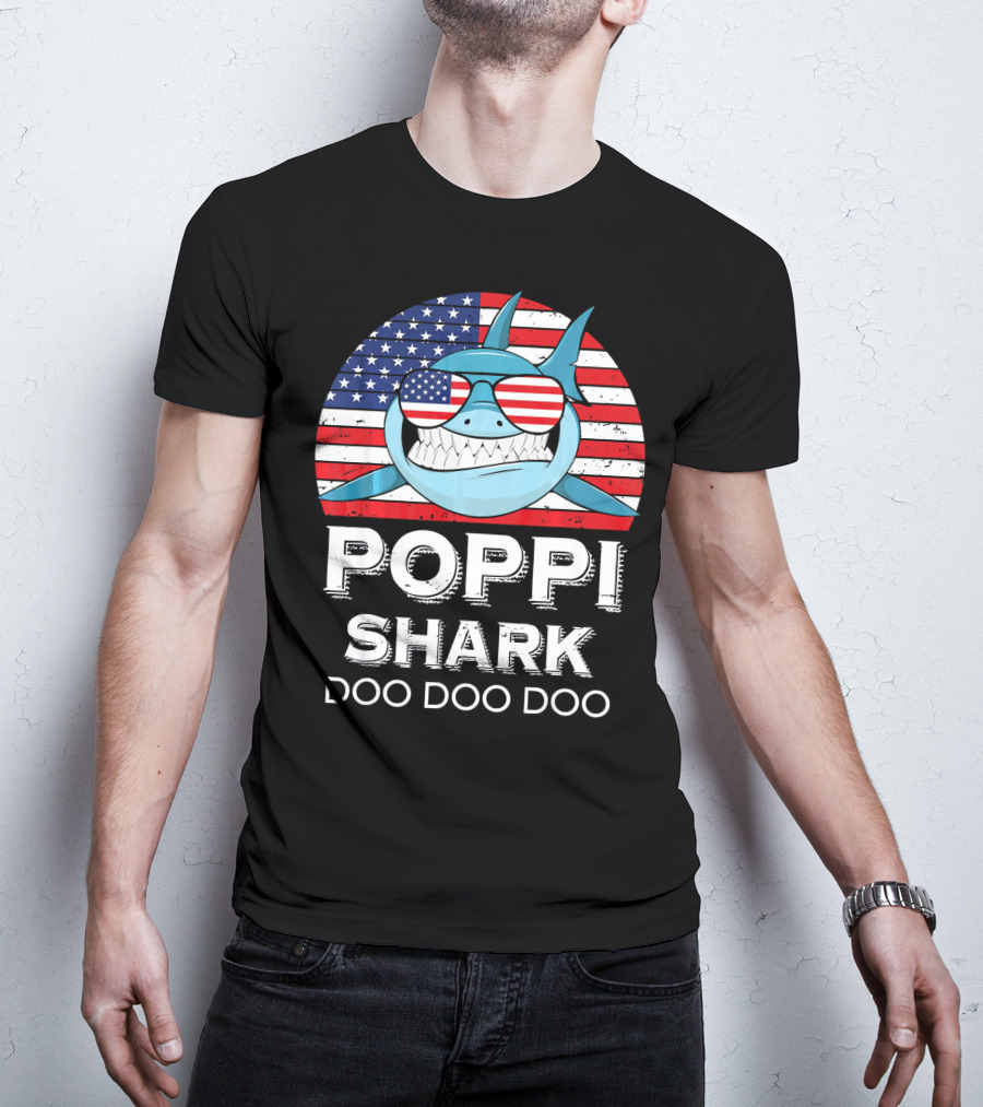 Poppi Shark Doo Doo Doo American Flag Sunglasses T-Shirt