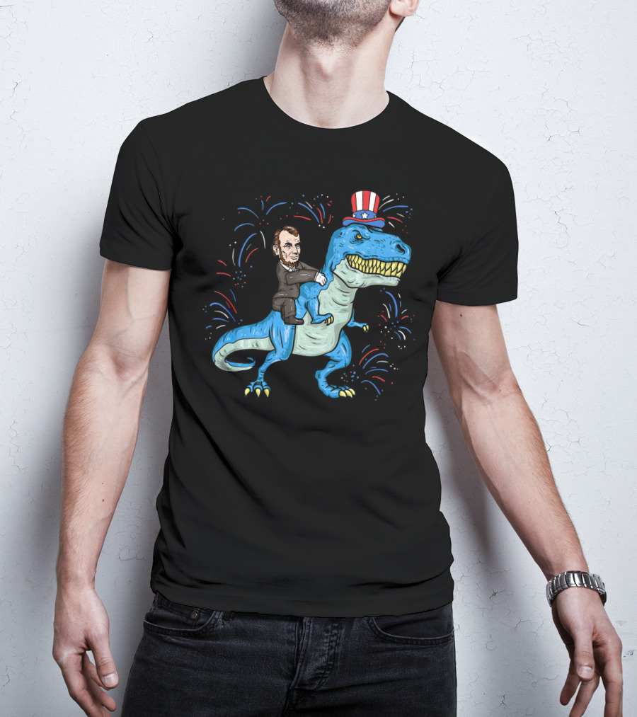 Abe Lincoln Patriotic Dinosaur Riding Fireworks Hat T-Shirt