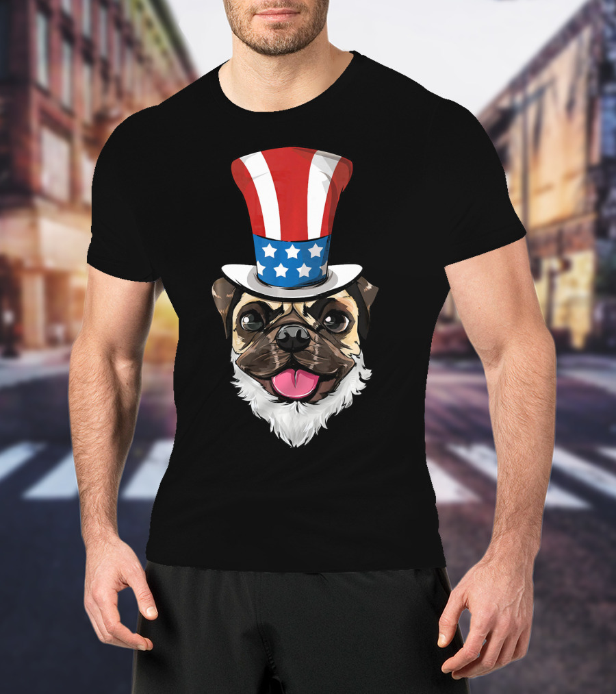 Pug Dog Wearing Uncle Sam Hat And Lincoln Beard T-Shirt
