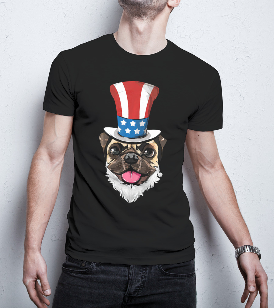 Pug Dog Wearing Uncle Sam Hat And Lincoln Beard T-Shirt
