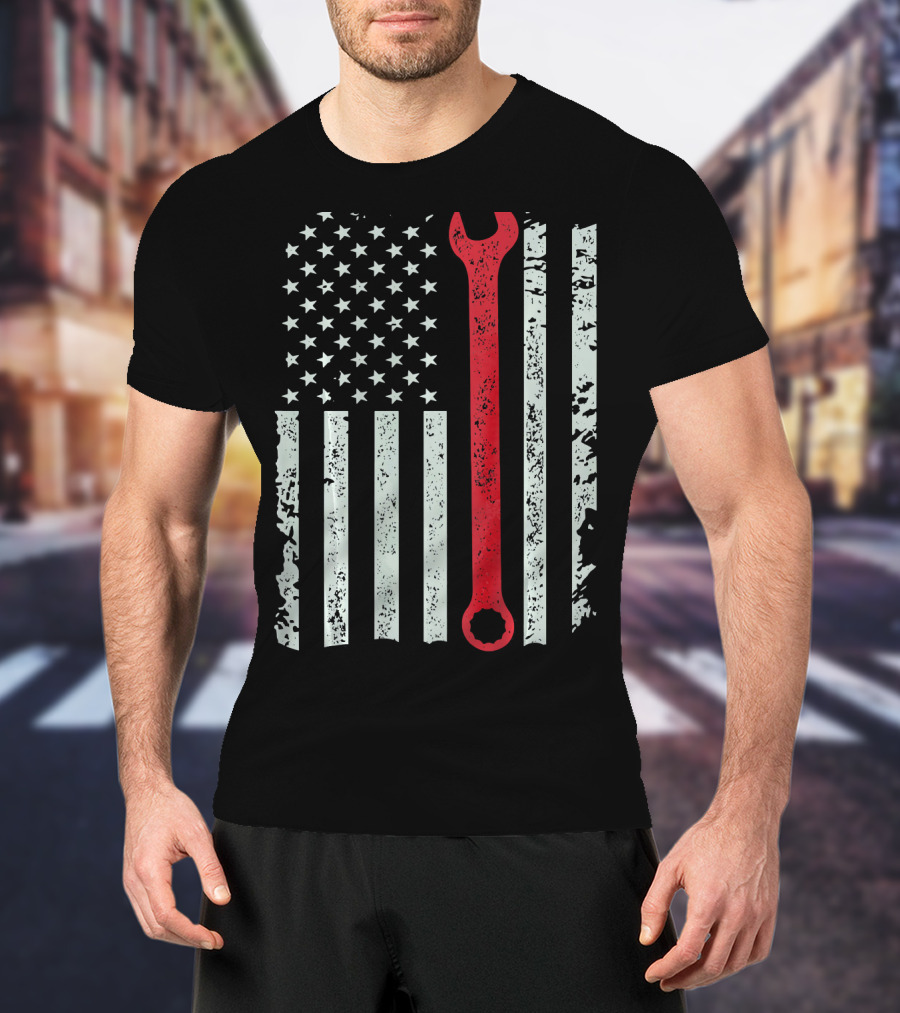 American Flag With Red Mechanic Wrench T-Shirt