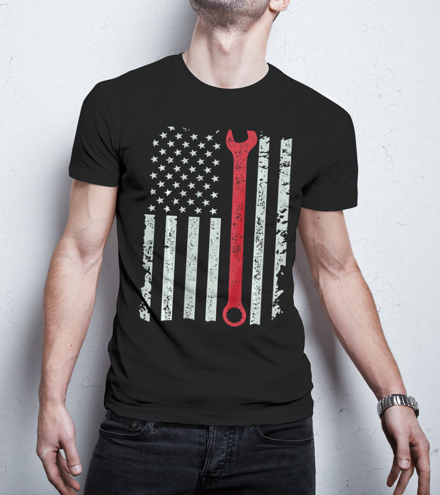 American Flag With Red Mechanic Wrench T-Shirt