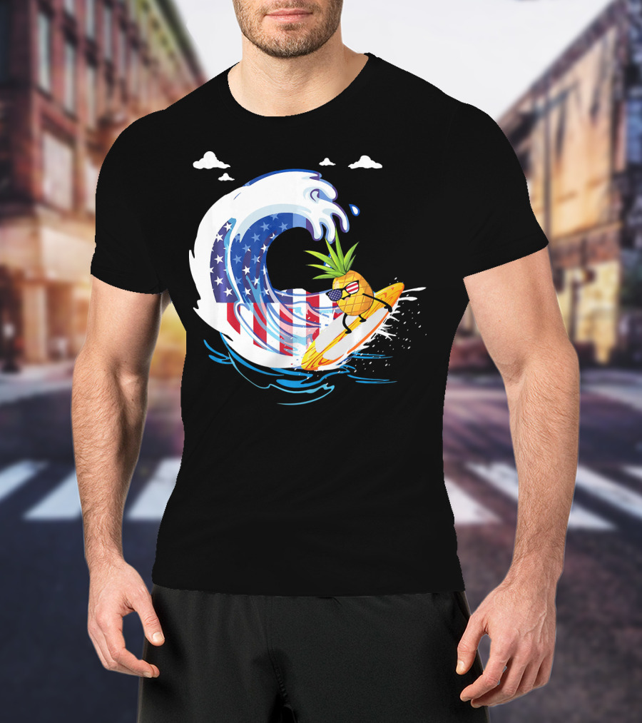 Pineapple Surfing American Flag Wave Hawaiian T-Shirt