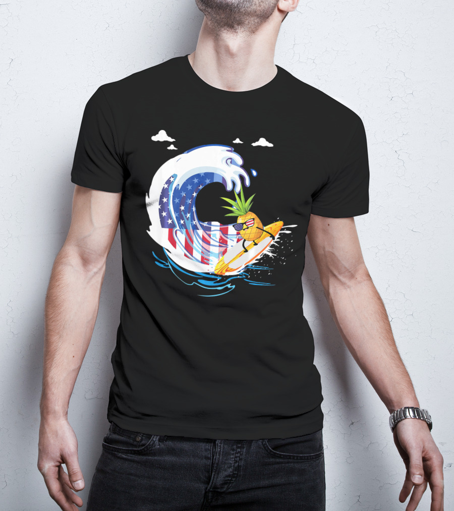 Pineapple Surfing American Flag Wave Hawaiian T-Shirt