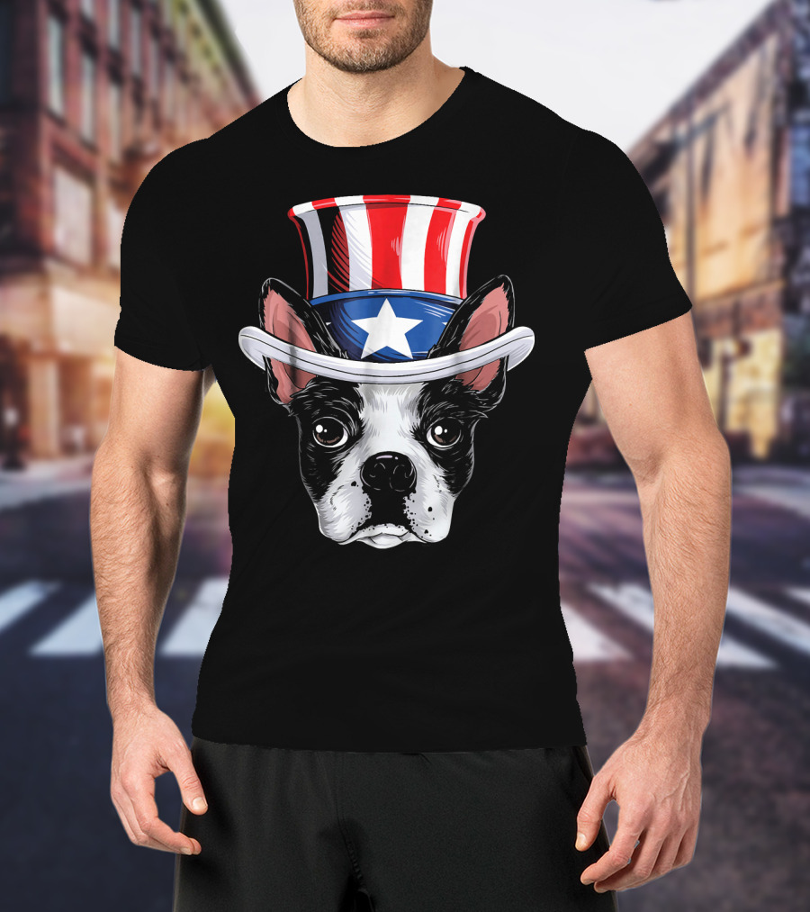 Boston Terrier Wearing Uncle Sam Hat With Star And Stripes T-Shirt