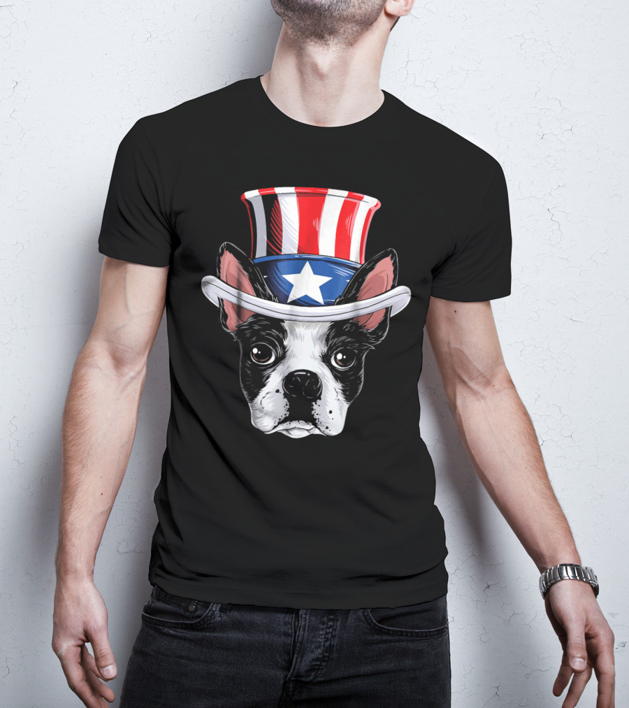 Boston Terrier Wearing Uncle Sam Hat With Star And Stripes T-Shirt