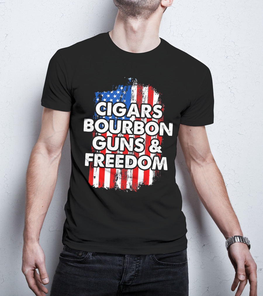 Cigars Bourbon Guns And Freedom American Flag Patriotic T-Shirt