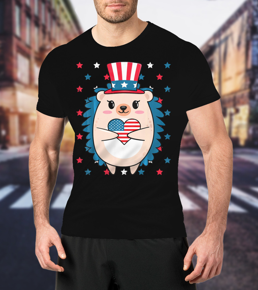 Hedgehog Patriotic Stars Uncle Sam Hat Holding USA Flag Heart T-Shirt